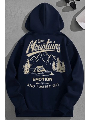 Kozz Style Unisex 3 Iplik Pamuklu Lacivert Mountainsemotion Baskı Bol Kalıp Sweatshirt Hoodie