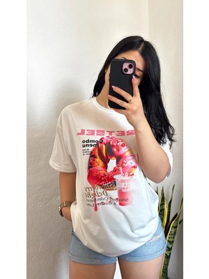 Rosyposy Kadın Oversize Baskılı Beyaz T-Shirt