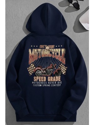 Kozz Style Unisex 3 Iplik Pamuklu Lacivert Motorcyclesg Baskı Bol Kalıp Sweatshirt Hoodie