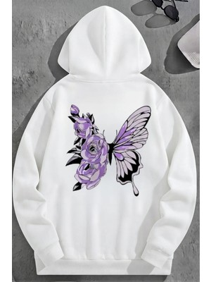 Kozz Style Unisex 3 Iplik Pamuklu Beyaz Lilakelebek Baskı Bol Kalıp Sweatshirt Hoodie