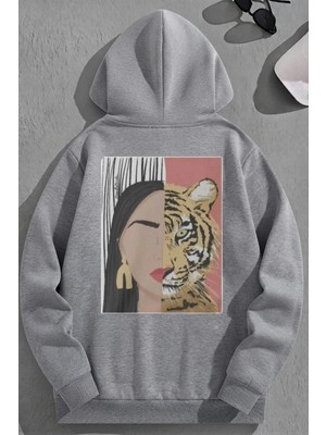 Kozz Style Unisex 3 Iplik Pamuklu Gri Içimdekikaplan Baskı Bol Kalıp Sweatshirt Hoodie