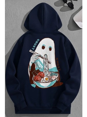 Kozz Style Unisex 3 Iplik Pamuklu Lacivert Ghosteats Baskı Bol Kalıp Sweatshirt Hoodie