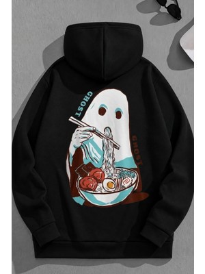 Kozz Style Unisex 3 Iplik Pamuklu Siyah Ghosteats Baskı Bol Kalıp Sweatshirt Hoodie