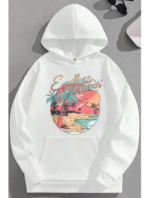 Kozz Style Unisex 3 Iplik Pamuklu Beyaz Endlesssummer Baskı Bol Kalıp Sweatshirt Hoodie