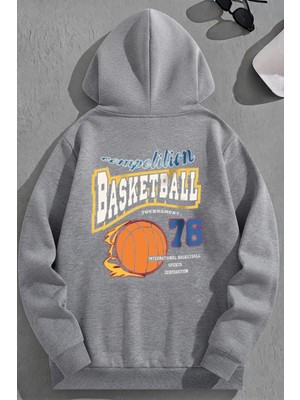 Kozz Style Unisex 3 Iplik Pamuklu Gri BASKETBALL76 Baskı Bol Kalıp Sweatshirt Hoodie