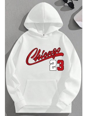 Kozz Style Unisex 3 Iplik Pamuklu Beyaz CHICAGO23 Baskı Bol Kalıp Sweatshirt Hoodie