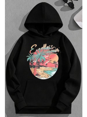Kozz Style Unisex 3 Iplik Pamuklu Siyah Endlesssummer Baskı Bol Kalıp Sweatshirt Hoodie