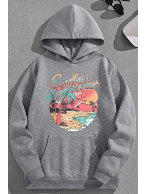 Kozz Style Unisex 3 Iplik Pamuklu Gri Endlesssummer Baskı Bol Kalıp Sweatshirt Hoodie