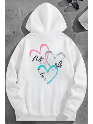 Kozz Style Unisex 3 Iplik Pamuklu Beyaz Faithhopelove Baskı Bol Kalıp Sweatshirt Hoodie