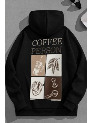 Kozz Style Unisex 3 Iplik Pamuklu Siyah Coffeeperson Baskı Bol Kalıp Sweatshirt Hoodie