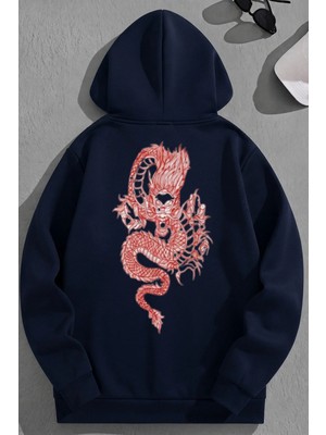 Kozz Style Unisex 3 Iplik Pamuklu Lacivert Reddragon Baskı Bol Kalıp Sweatshirt Hoodie