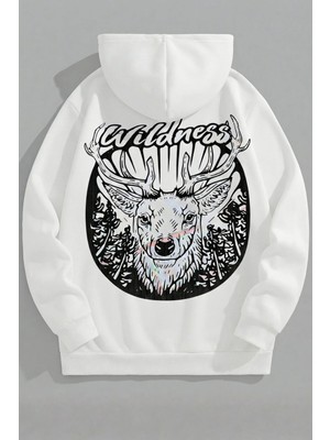 Kozz Style Unisex 3 Iplik Pamuklu Beyaz Kralwildness Baskı Bol Kalıp Sweatshirt Hoodie
