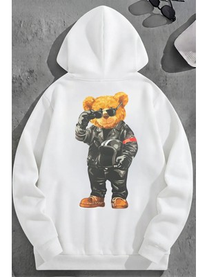 Kozz Style Unisex 3 Iplik Pamuklu Beyaz Motorcubear Baskı Bol Kalıp Sweatshirt Hoodie