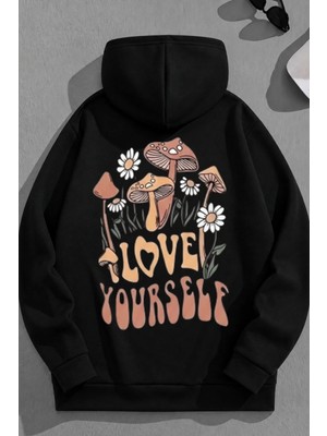 Kozz Style Unisex 3 Iplik Pamuklu Siyah Loveyourself Baskı Bol Kalıp Sweatshirt Hoodie