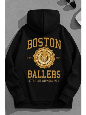 Kozz Style Unisex 3 Iplik Pamuklu Siyah Bostonballers Baskı Bol Kalıp Sweatshirt Hoodie