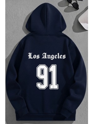 Kozz Style Unisex 3 Iplik Pamuklu Lacivert LOSANGELES91 Baskı Bol Kalıp Sweatshirt Hoodie