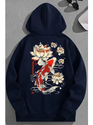 Kozz Style Unisex 3 Iplik Pamuklu Lacivert Koreafish Baskı Bol Kalıp Sweatshirt Hoodie