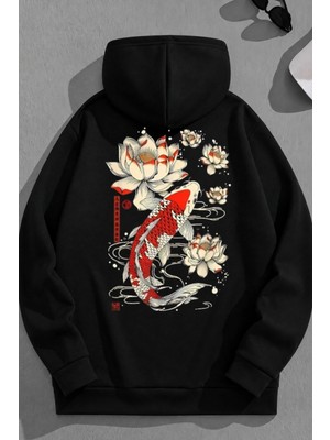 Kozz Style Unisex 3 Iplik Pamuklu Siyah Koreafish Baskı Bol Kalıp Sweatshirt Hoodie