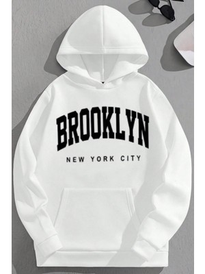 Kozz Style Unisex 3 Iplik Pamuklu Beyaz Brooklynnyc Baskı Bol Kalıp Sweatshirt Hoodie