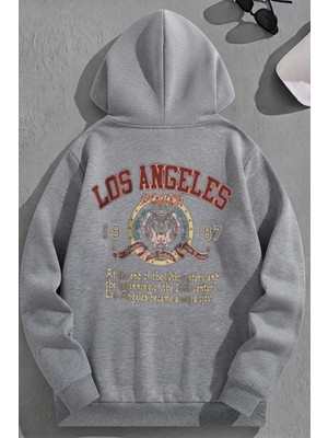 Kozz Style Unisex 3 Iplik Pamuklu Gri LOSANGELES1987 Baskı Bol Kalıp Sweatshirt Hoodie