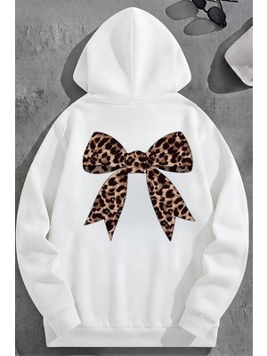 Kozz Style Unisex 3 Iplik Pamuklu Beyaz Leoparkurdele Baskı Bol Kalıp Sweatshirt Hoodie