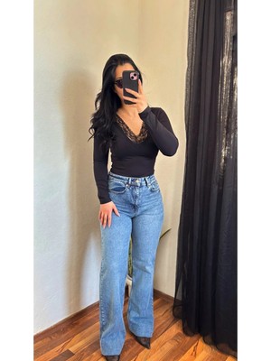 Rosyposy Mavi Likralı Ispanyol Paça Denim Jean