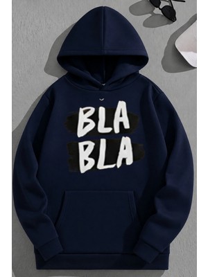 Kozz Style Unisex 3 Iplik Pamuklu Lacivert Blabla Baskı Bol Kalıp Sweatshirt Hoodie