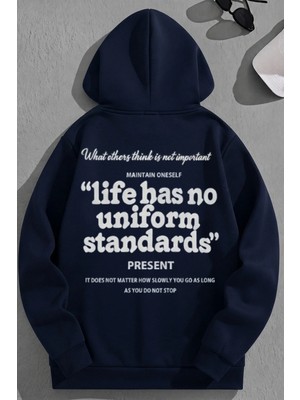 Kozz Style Unisex 3 Iplik Pamuklu Lacivert Lifehas Baskı Bol Kalıp Sweatshirt Hoodie