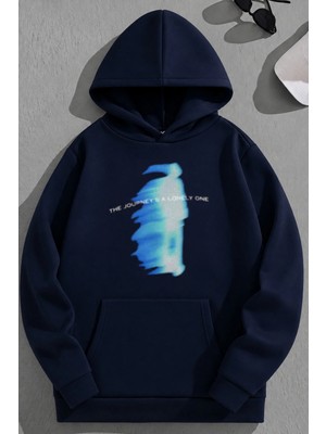 Kozz Style Unisex 3 Iplik Pamuklu Lacivert Thejourney Baskı Bol Kalıp Sweatshirt Hoodie