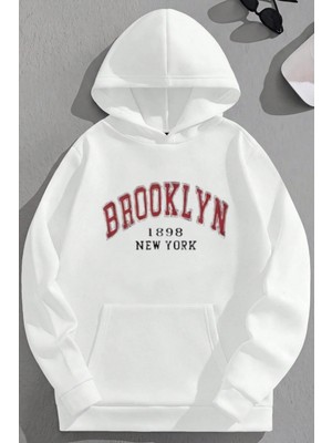 Kozz Style Unisex 3 Iplik Pamuklu Beyaz BROOKLYN1898NY Baskı Bol Kalıp Sweatshirt Hoodie
