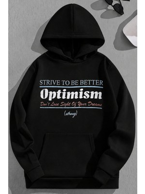 Kozz Style Unisex 3 Iplik Pamuklu Siyah Optimism Baskı Bol Kalıp Sweatshirt Hoodie