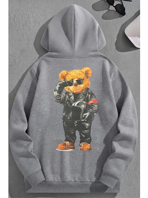 Kozz Style Unisex 3 Iplik Pamuklu Gri Motorcubear Baskı Bol Kalıp Sweatshirt Hoodie