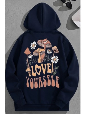 Kozz Style Unisex 3 Iplik Pamuklu Lacivert Loveyourself Baskı Bol Kalıp Sweatshirt Hoodie