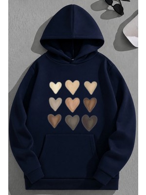 Kozz Style Unisex 3 Iplik Pamuklu Lacivert Çokkalp Baskı Bol Kalıp Sweatshirt Hoodie