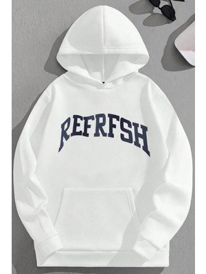 Kozz Style Unisex 3 Iplik Pamuklu Beyaz Refresh Baskı Bol Kalıp Sweatshirt Hoodie