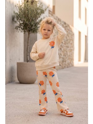 Babymod Kız Çocuk Pamuklu Bej Çiçek Desenli Sweatshirt Tayt Takım Yumuşak Dokulu
