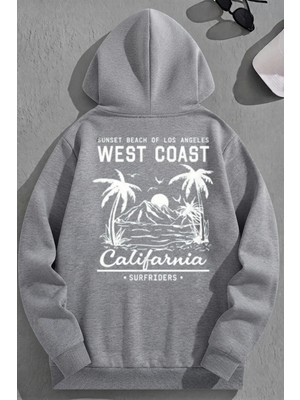 Kozz Style Unisex 3 Iplik Pamuklu Gri Wcoast Baskı Bol Kalıp Sweatshirt Hoodie