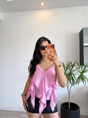 Rosyposy Kadın Fırfırlı Pembe Askılı Bluz