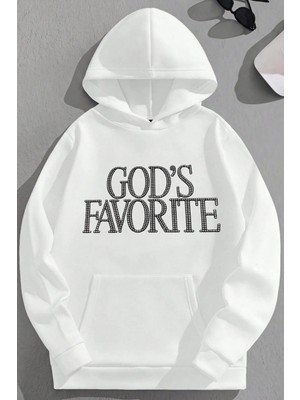 Kozz Style Unisex 3 Iplik Pamuklu Beyaz Godsfavorite Baskı Bol Kalıp Sweatshirt Hoodie