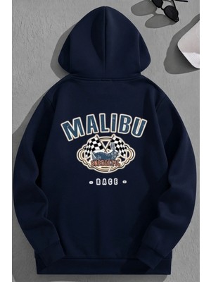 Kozz Style Unisex 3 Iplik Pamuklu Lacivert Malibu Baskı Bol Kalıp Sweatshirt Hoodie