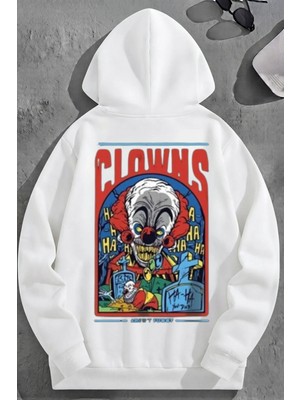 Kozz Style Unisex 3 Iplik Pamuklu Beyaz Clowns Baskı Bol Kalıp Sweatshirt Hoodie
