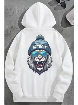 Kozz Style Unisex 3 Iplik Pamuklu Beyaz Detroit Baskı Bol Kalıp Sweatshirt Hoodie