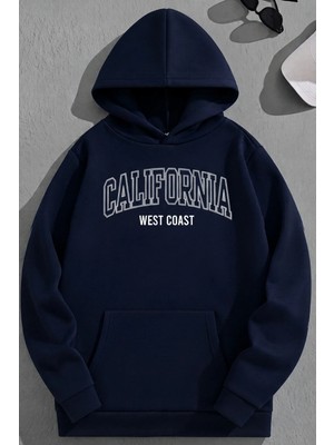 Kozz Style Unisex 3 Iplik Pamuklu Lacivert Califwestcoast Baskı Bol Kalıp Sweatshirt Hoodie