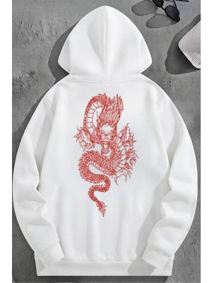Kozz Style Unisex 3 Iplik Pamuklu Beyaz Reddragon Baskı Bol Kalıp Sweatshirt Hoodie