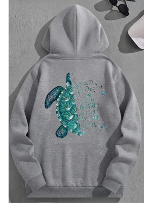Kozz Style Unisex 3 Iplik Pamuklu Gri Caretta Baskı Bol Kalıp Sweatshirt Hoodie