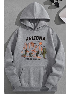 Kozz Style Unisex 3 Iplik Pamuklu Gri Arizonawilderness Bol Kalıp Sweatshirt Hoodie
