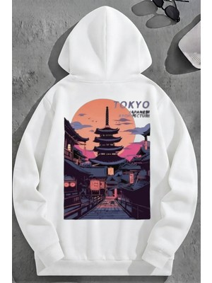 Kozz Style Unisex 3 Iplik Pamuklu Beyaz Tokyoarchitecture Baskı Bol Kalıp Sweatshirt Hoodie