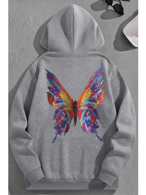 Kozz Style Unisex 3 Iplik Pamuklu Gri Renklikelebek Baskı Bol Kalıp Sweatshirt Hoodie