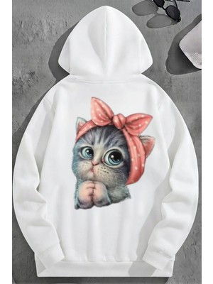 Kozz Style Unisex 3 Iplik Pamuklu Beyaz Minikkedi Baskı Bol Kalıp Sweatshirt Hoodie