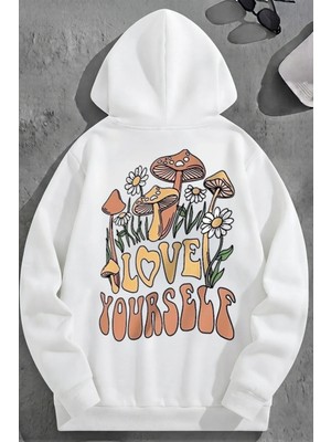 Kozz Style Unisex 3 Iplik Pamuklu Beyaz Loveyourself Baskı Bol Kalıp Sweatshirt Hoodie
